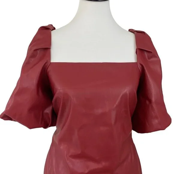 Mare Mare x Anthropologie Red Faux Leather Puff Sleeve Bow Back Dress Medium - Picture 5 of 14